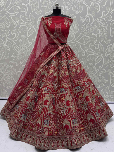 Precious Red Silk Embroidered Bridal Lehenga Choli With Double Dupatta